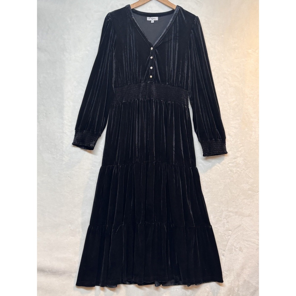 Black Velvet Maxi Dress Whimsigoth Goth Tiered Smocked Waist Long Sleeve L